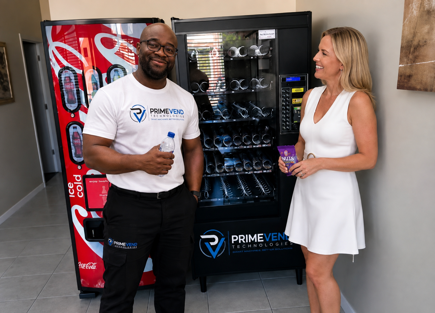 Prime Vend Technologies team member with a vending customer